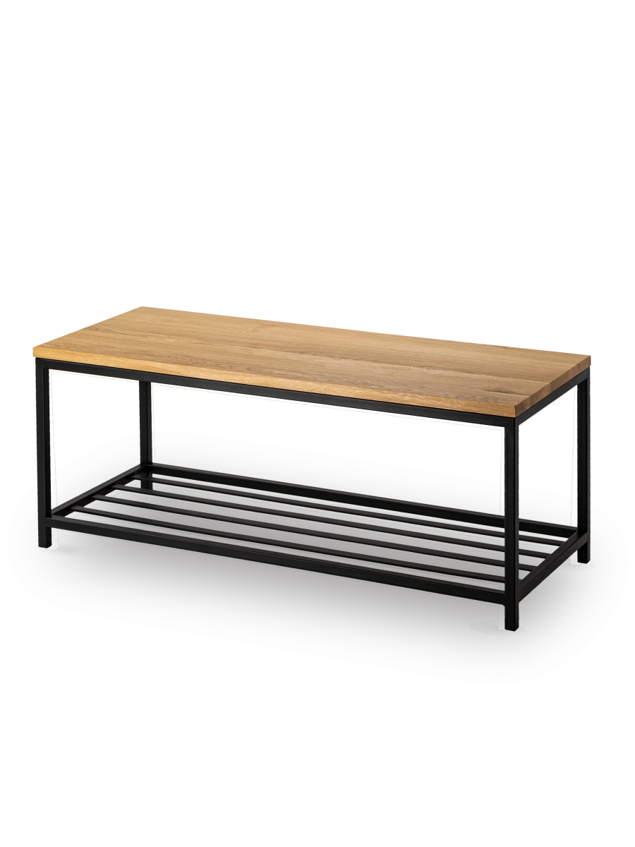 Banc en métal avec étagère à chaussures et plateau en bois, idéal pour les intérieurs loft