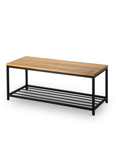 Banc en métal avec étagère à chaussures et plateau en bois, idéal pour les intérieurs loft
