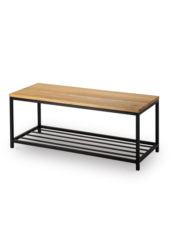 Banc en métal avec étagère à chaussures et plateau en bois, idéal pour les intérieurs loft