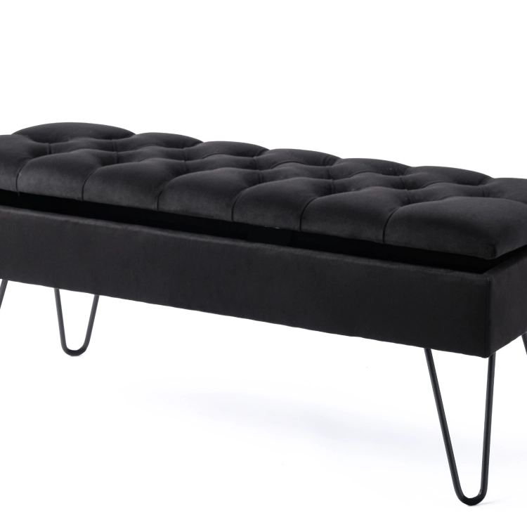 Banc noir capitonné avec assise relevable sur pieds en métal