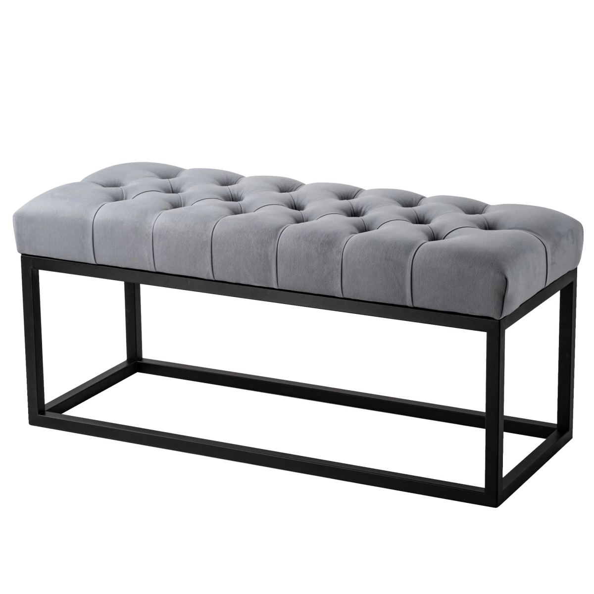 Banc matelassé de couleur grise sur pieds en métal