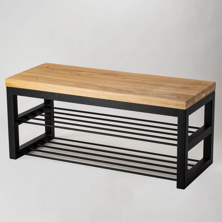 Banc industriel avec plateau en bois et base en métal