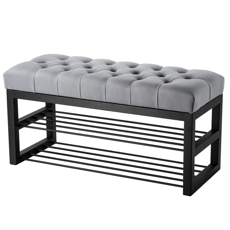 banc industriel matelassé avec étagères en métal