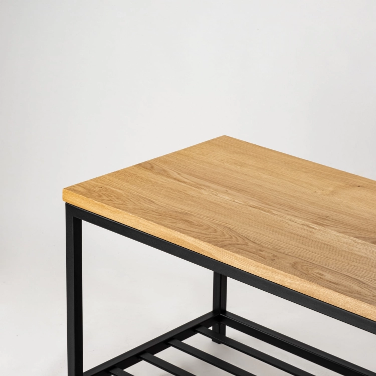 Banc en métal avec étagère à chaussures et plateau en bois, idéal pour les intérieurs loft