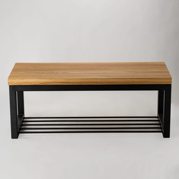Banc industriel avec plateau en bois et étagère en métal