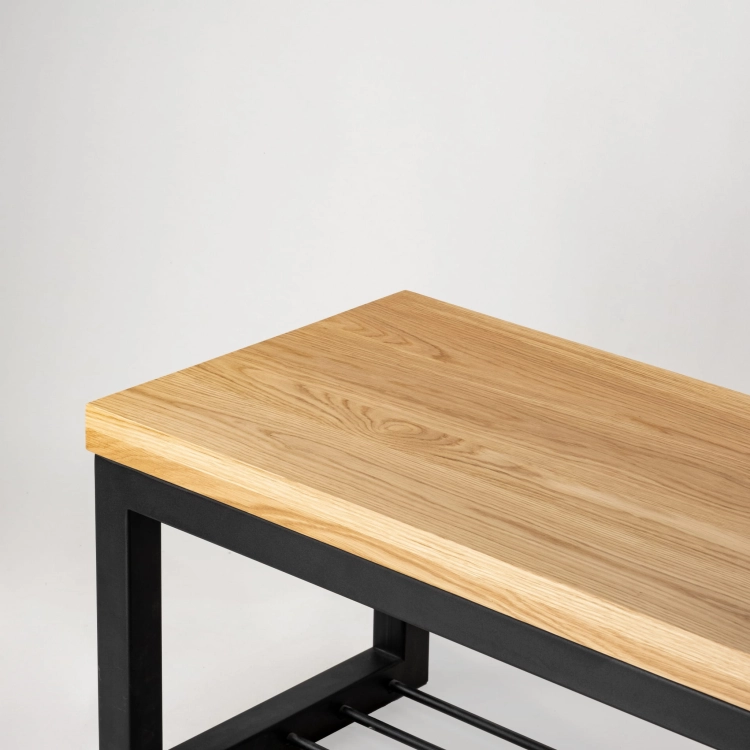 Banc en métal avec étagère à chaussures et plateau en bois, idéal pour les intérieurs loft
