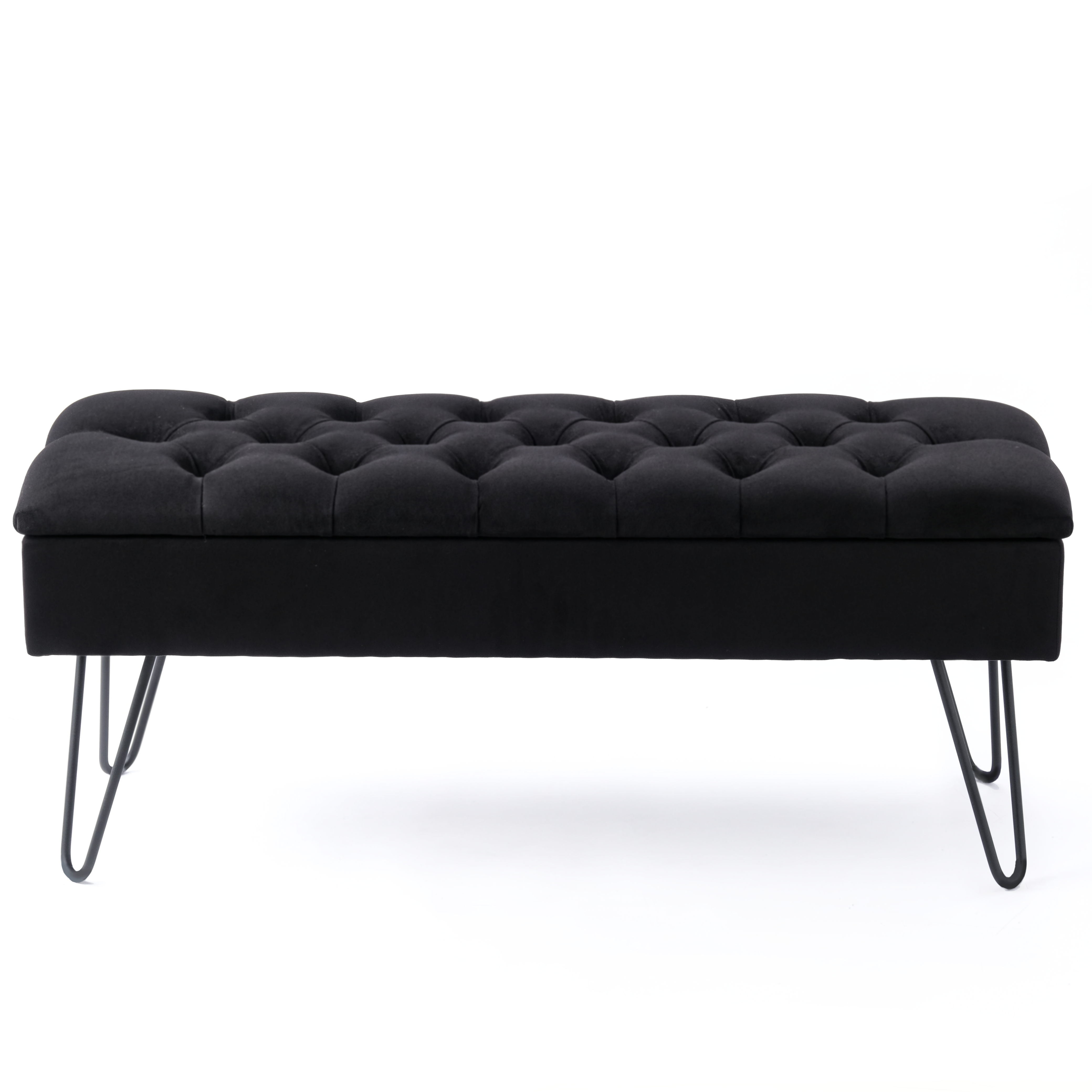 Banc noir capitonné avec assise relevable sur pieds en métal