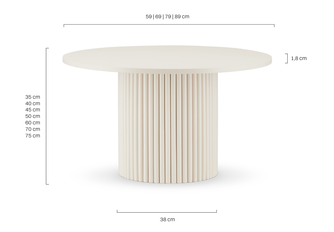 beżowy okrągły stolik kawowy z ryflowaną podstawąUne table basse beige moderne avec une base rainurée, parfaite pour les arrangements minimalistes.