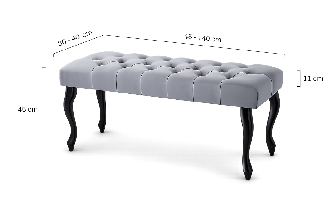 Banc matelassé gris avec pieds noirs