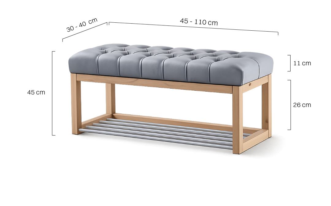 Banc rembourré gris matelassé avec cadre en bois et étagère inférieure