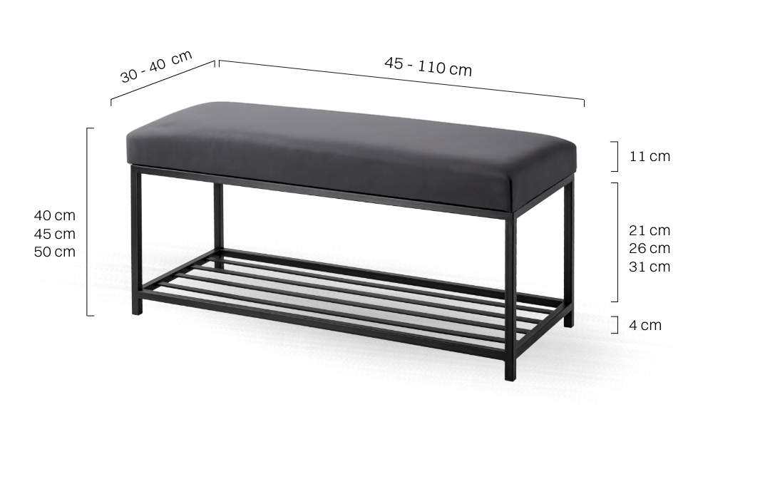 Banc rembourré couleur graphite avec structure en métal