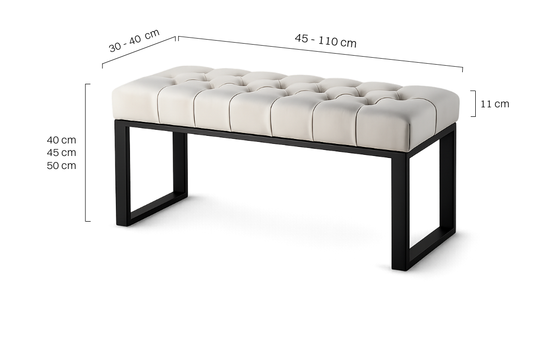 Weiße industrielle gesteppte Bank auf Metallbeinen