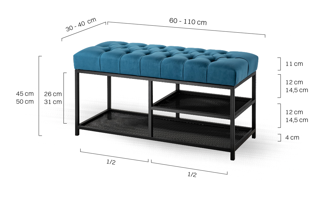 Industrielle Flurbank mit blauer Sitzfläche und schwarzen Schuhregalen aus Metall