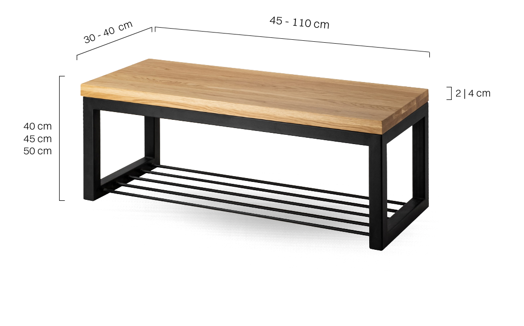 Banc en métal avec étagère à chaussures et plateau en bois, idéal pour les intérieurs loft