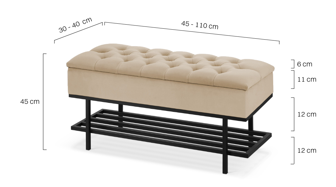 Gesteppte Bank mit Regal in Latte und schwarzem Metallgestell für Flur oder Schlafzimmer