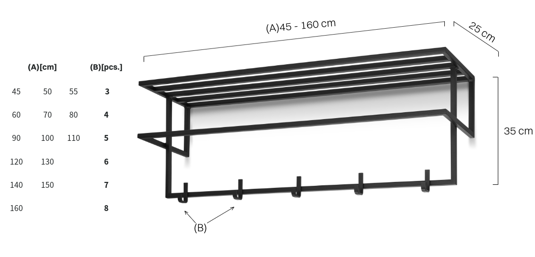 Czarny wieszak ścienny z półką ze stali do przedpokoju