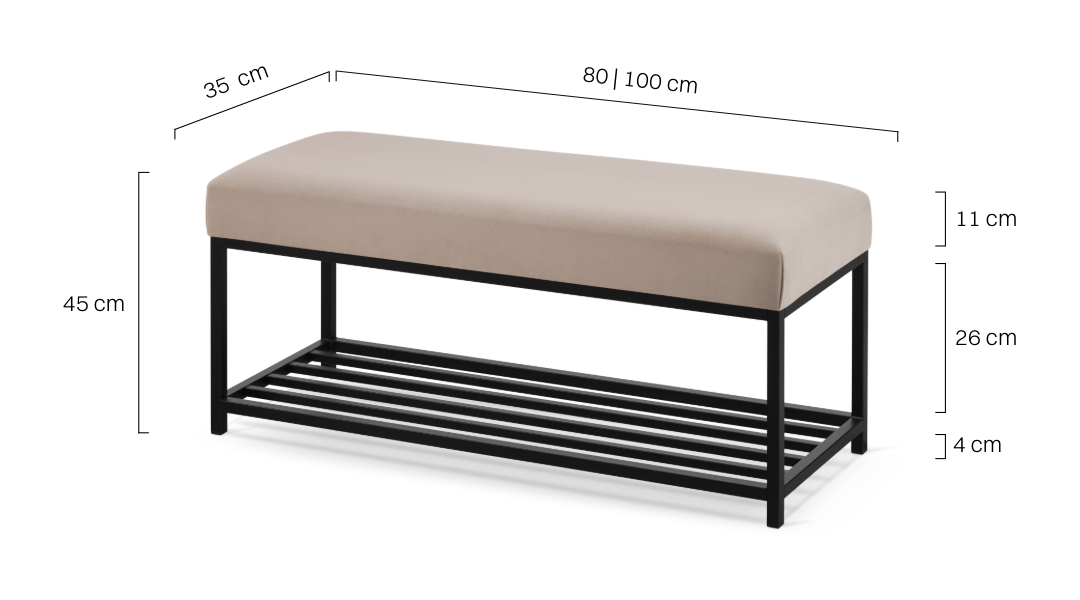 ławka w kolorze beżowym na metalowym czarnym stelażu