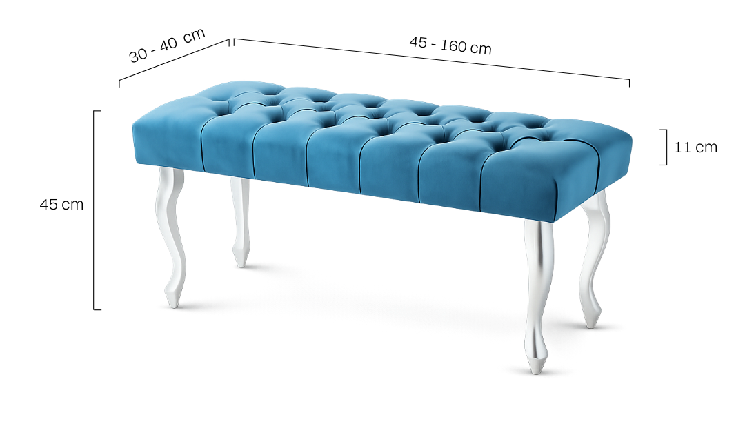 Banc matelassé turquoise élégant avec pieds en métal argenté