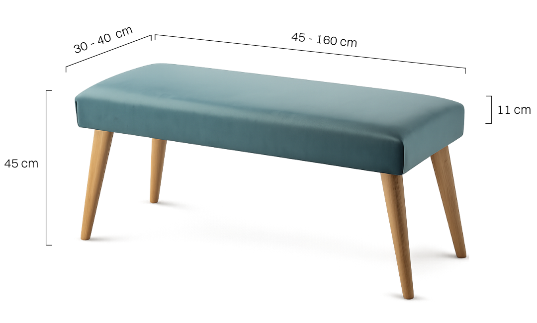 Banc élégant vert menthe, avec revêtement rembourré et piètement en bois, idéal pour le salon ou l'entrée.