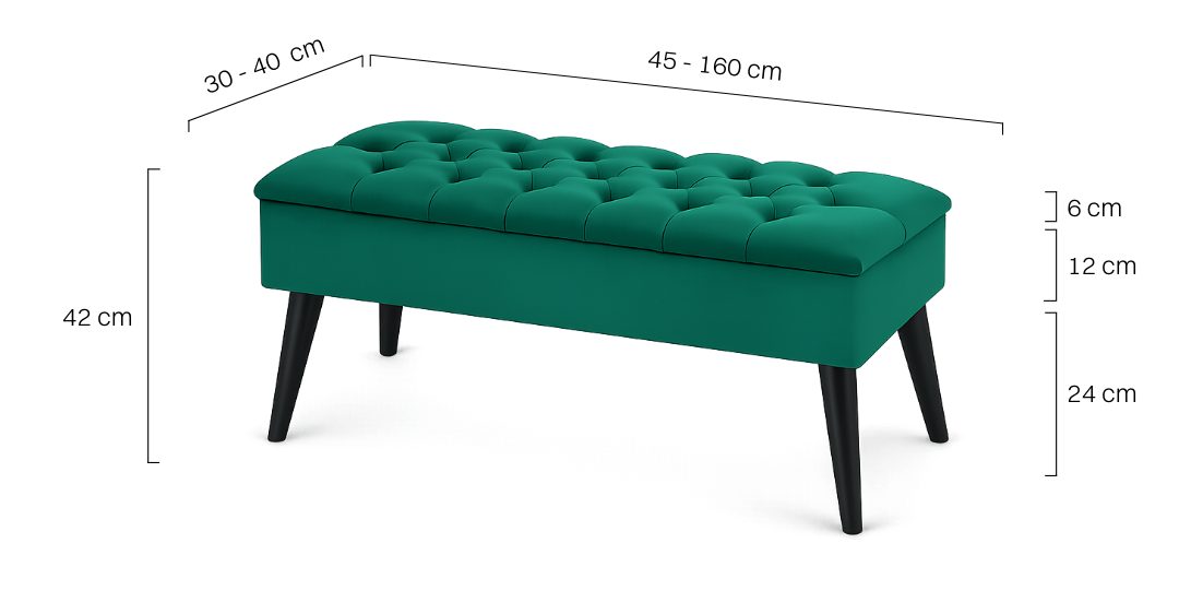 Pouf matelassé vert bouteille avec rangement, espace élégant et spacieux