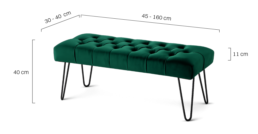 Banc de style industriel matelassé vert avec pieds en métal