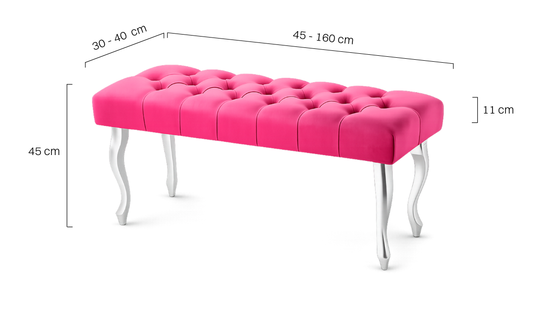 Un banc élégant et matelassé de couleur fuchsia intense avec des pieds argentés.