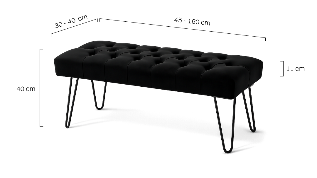 Banc matelassé noir avec pieds en épingle - un meuble élégant et moderne pour le salon ou le couloir
