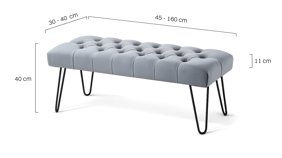 Banc gris avec assise capitonnée et pieds en métal en forme d'épingle dans un style loft